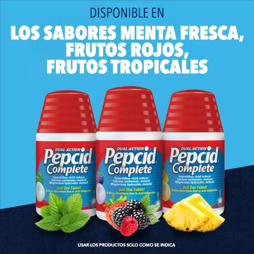 Pepcid Complete® viene en sabores de menta fresca, piña y frutos rojos con una dosis de 1 comprimido.