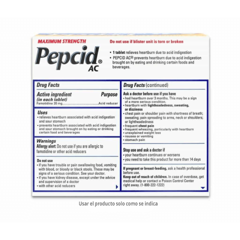 Datos, usos, advertencias y dosis en un envase de Pepcid AC® Acción Máxima.