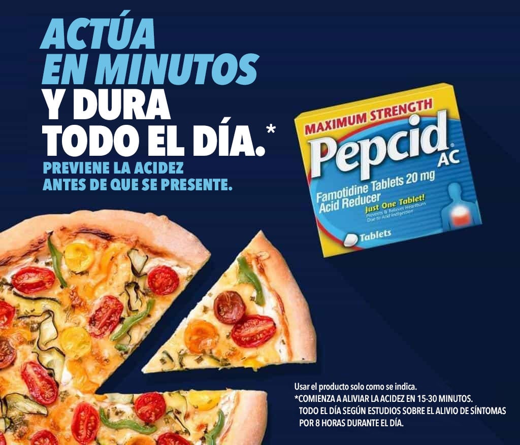 Paquete de Pepcid® AC Acción Máxima y una pizza: actúa en minutos y dura todo el día