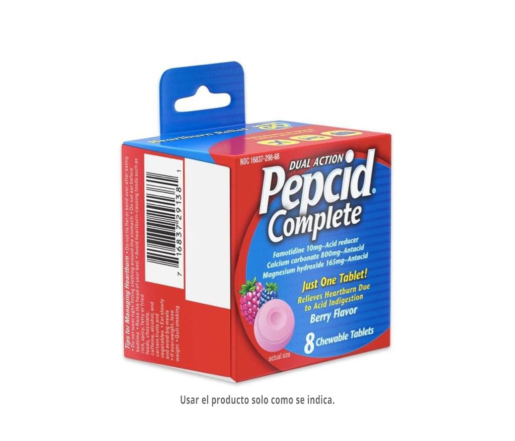 Una caja de 8 unidades de medicamento masticable para la acidez e indigestión Pepcid Complete® Doble Acción con sabor a frutos del bosque.