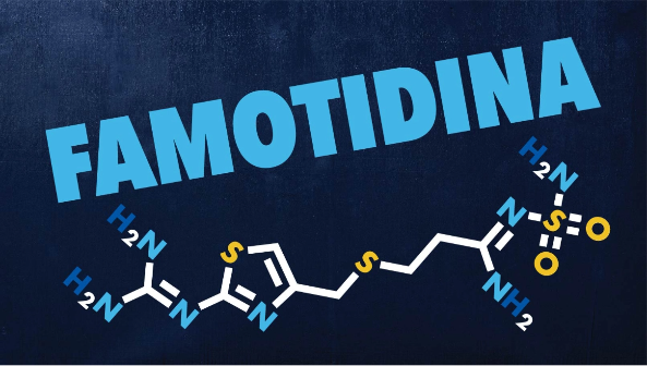 Ilustración de un compuesto químico de famotidina. La famotidina se encuentra en el medicamento para la acidez Pepcid®.