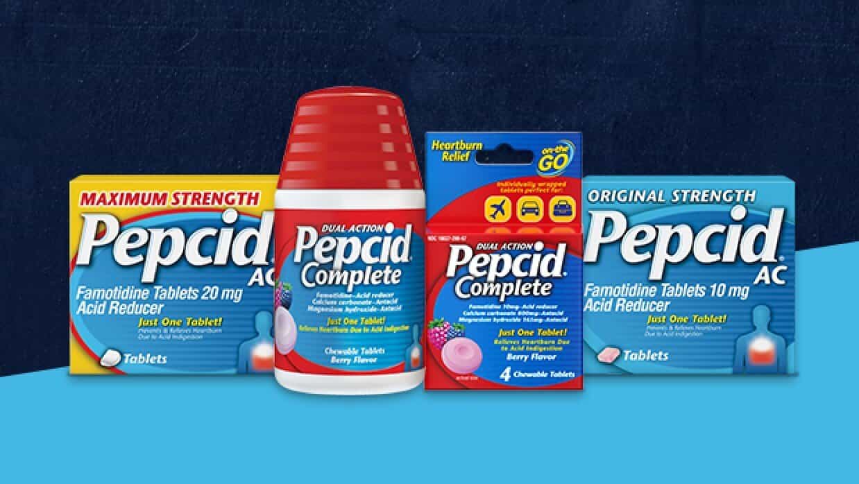 Pepcid AC Acción Máxima, Pepcid Complete, Pepcid Complete para viajes y Pepcid AC Original.