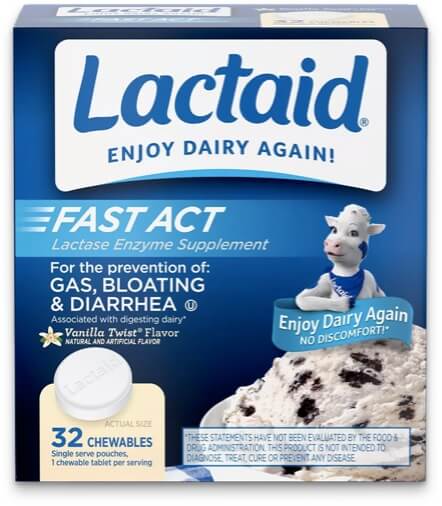 Suplemento Lactaid Acción Rápida masticable para reducir los síntomas de la intolerancia a la lactosa 